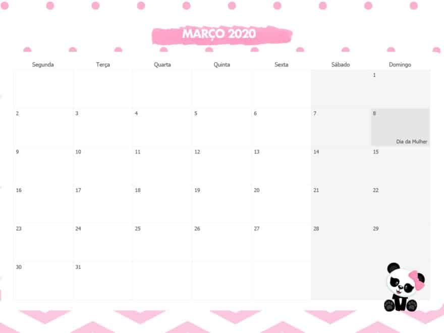 Calendario Mensal Panda Rosa Marco 2020