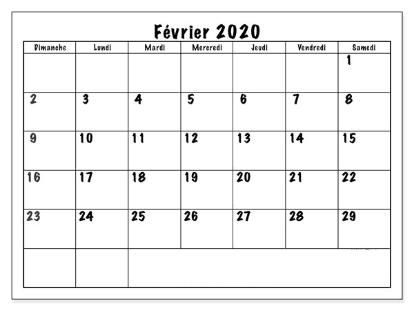 Calendrier 2020 Février Blanc