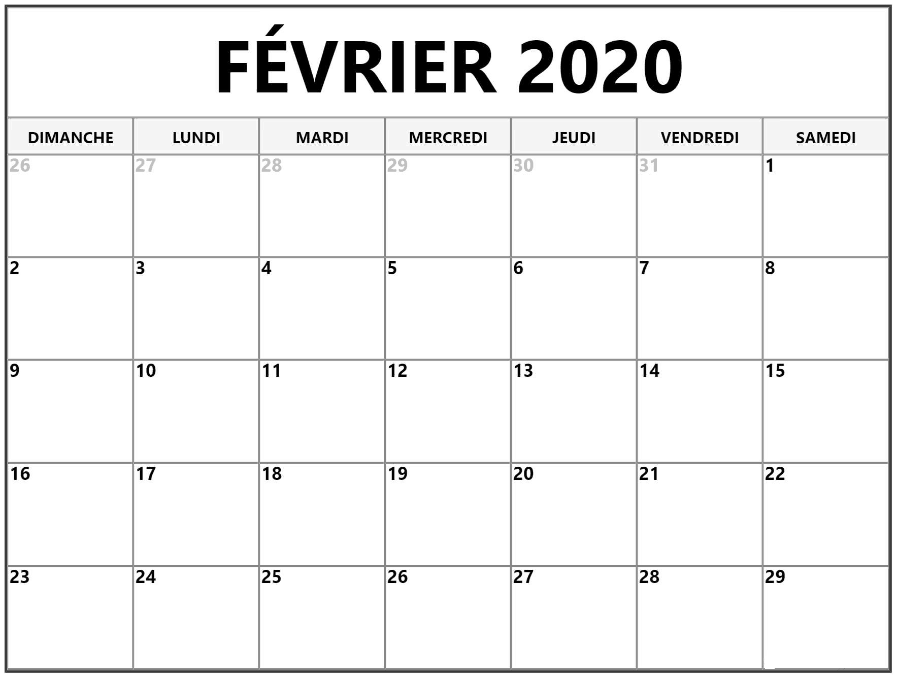 Calendrier 2020 Février Table