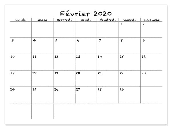 Calendrier 2020 Février notes