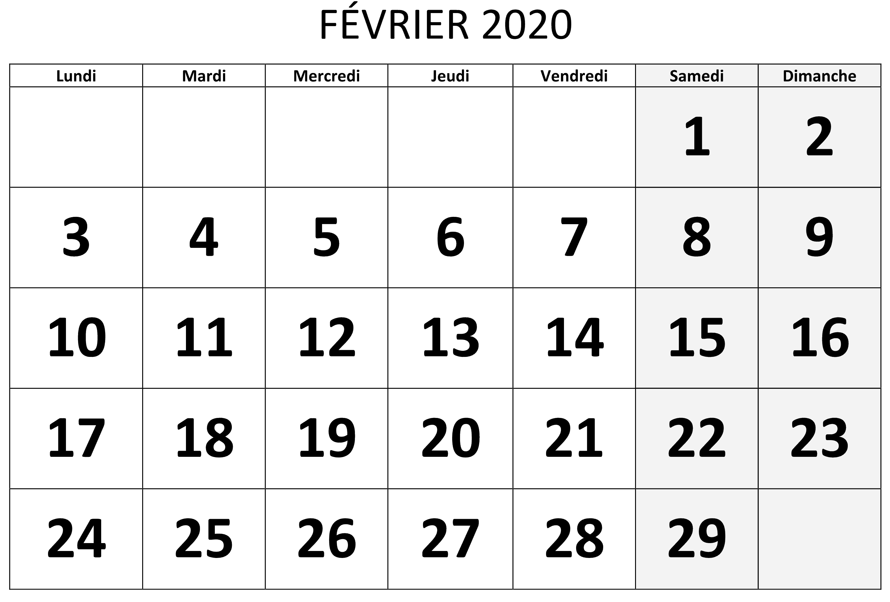 Calendrier Fevrier 2020 Modele
