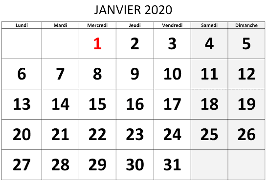 Calendrier Février 2020 PDF Blanc