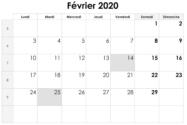 Calendrier Février 2020 PDF Mois