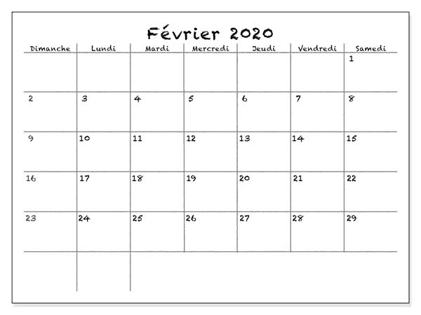 Calendrier Février 2020 À Imprimer Pdf, Excel, Word Blanco