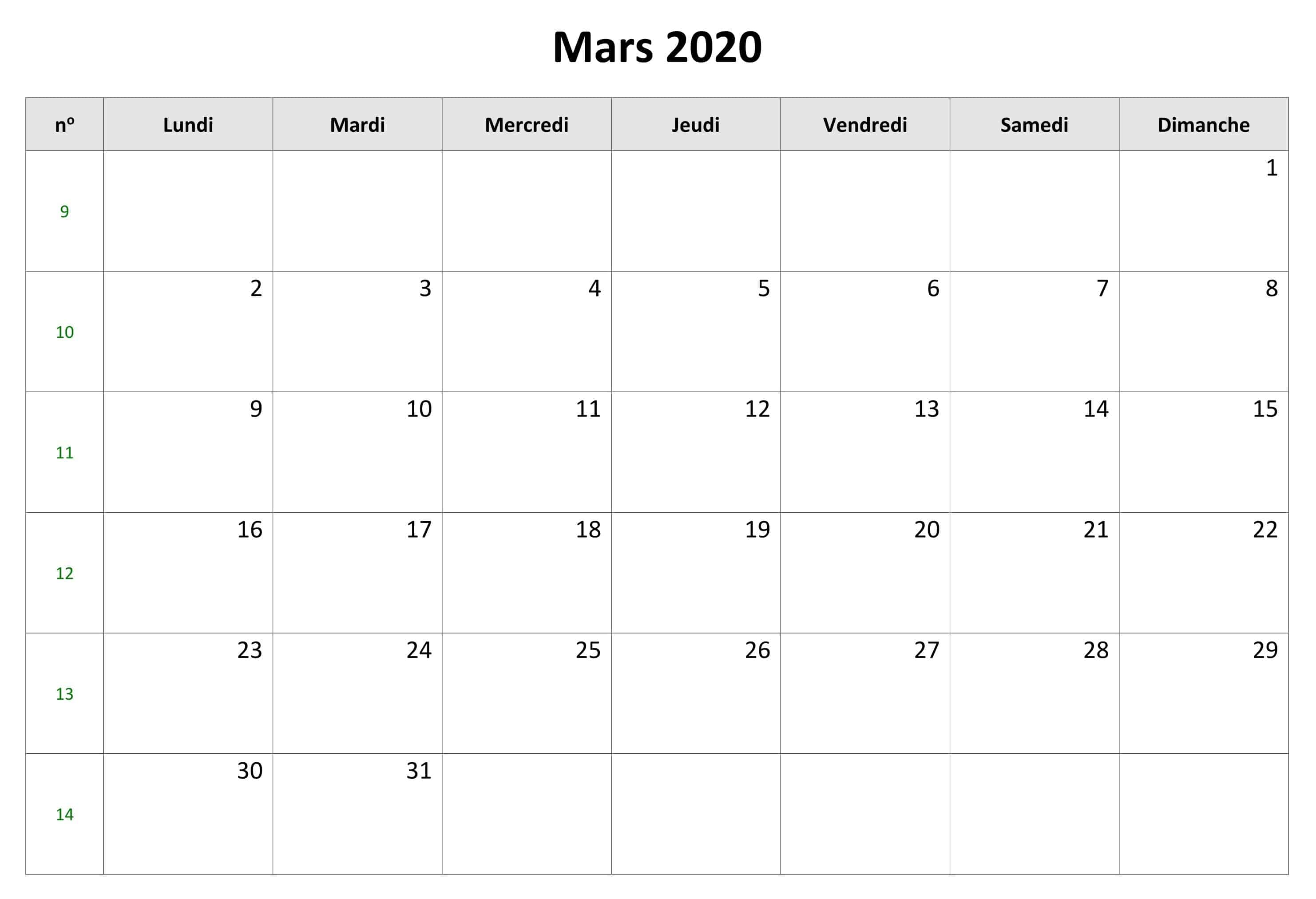 Calendrier Mars 2020 Avec