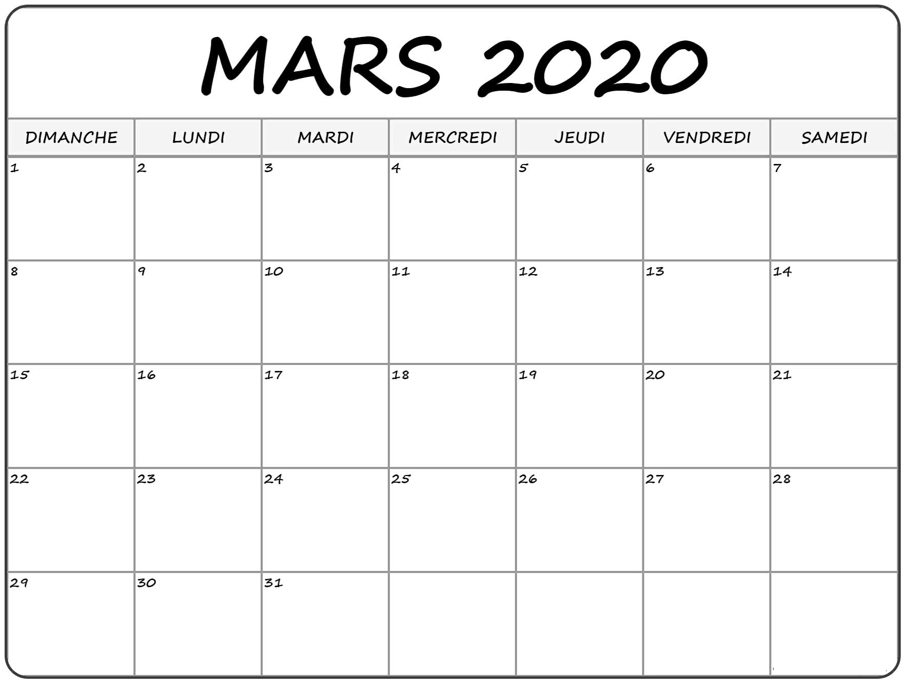 Calendrier Mars 2020 Gratuit