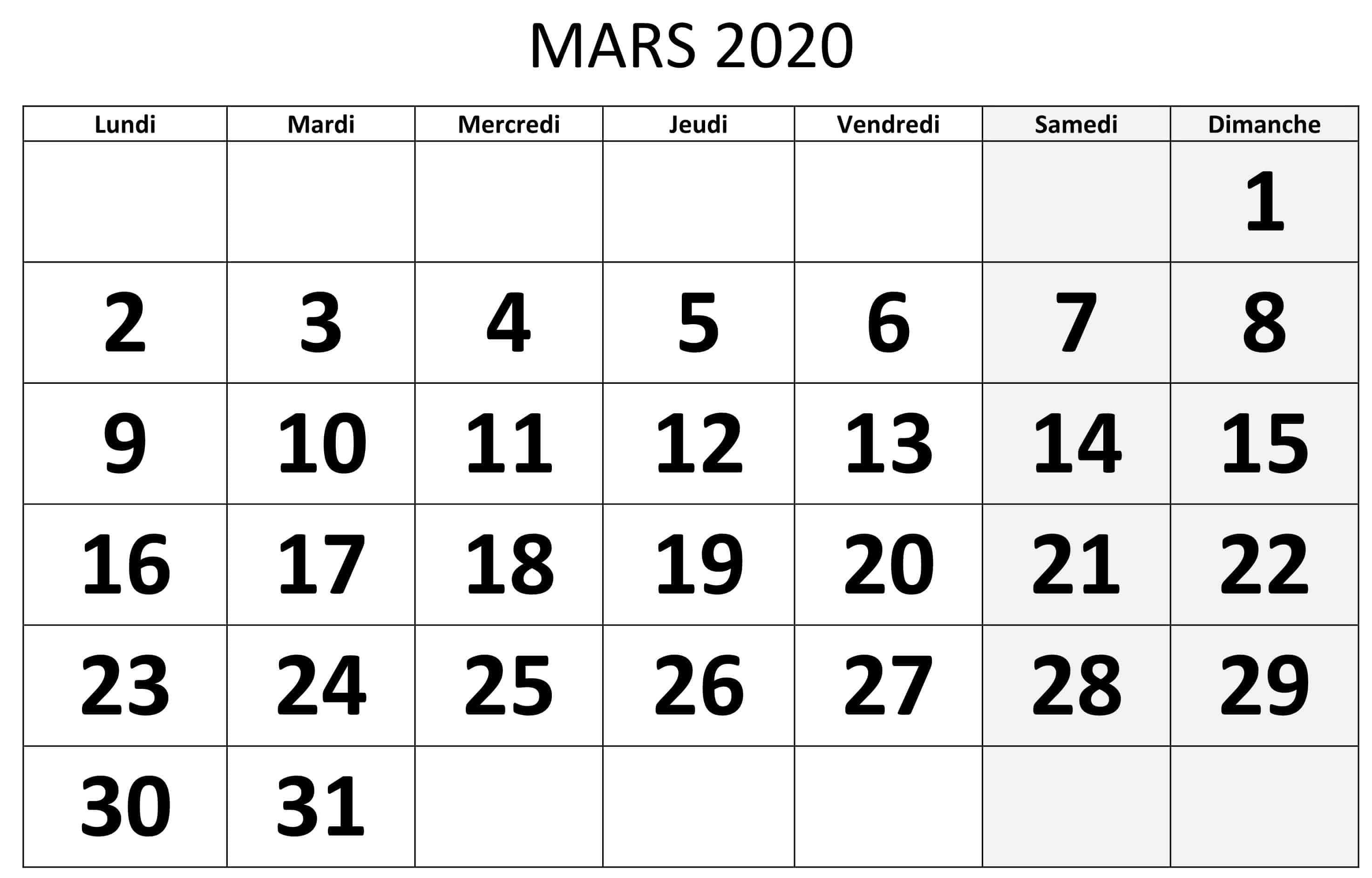 Calendrier Mars 2020 Modele