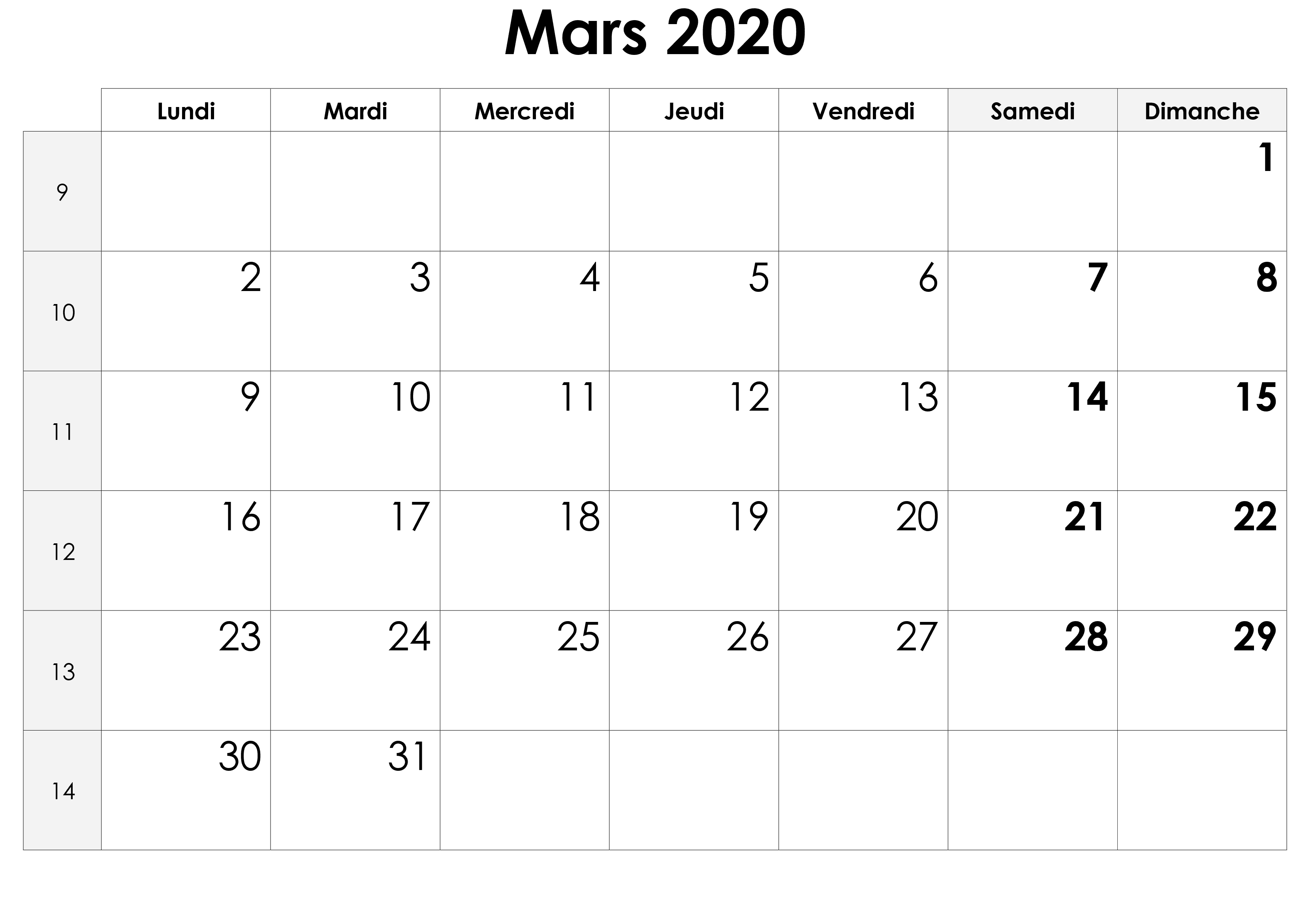 Calendrier Mars 2020 Modes