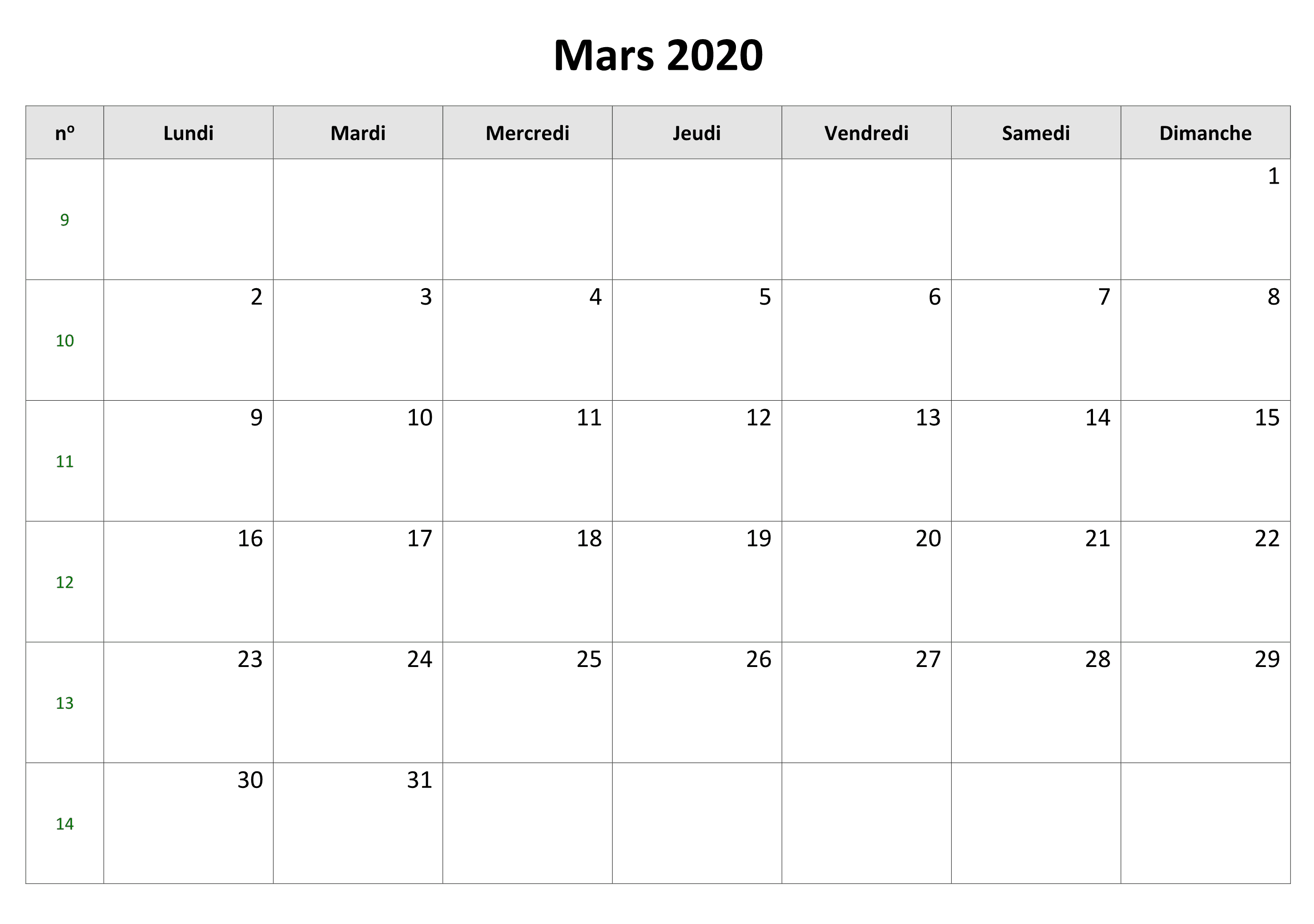 Calendrier Mars 2020 Modèle