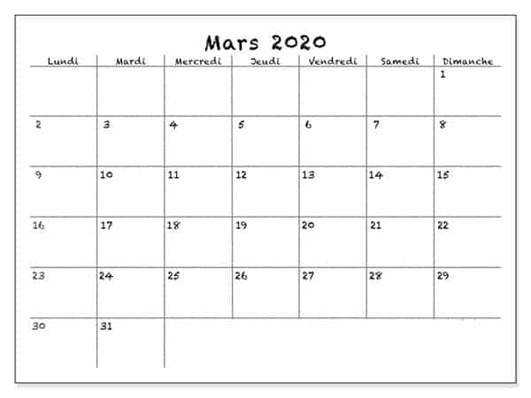 Calendrier Mars 2020 Notes