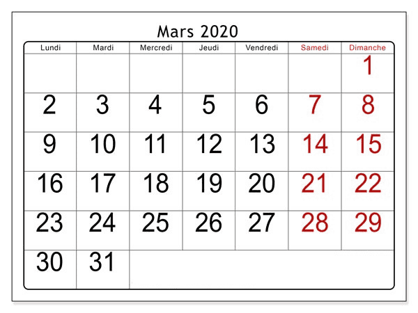 Calendrier Mars 2020 Notes