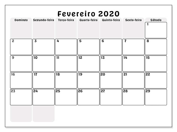 Calendário 2020 Fevereiro Imprimível