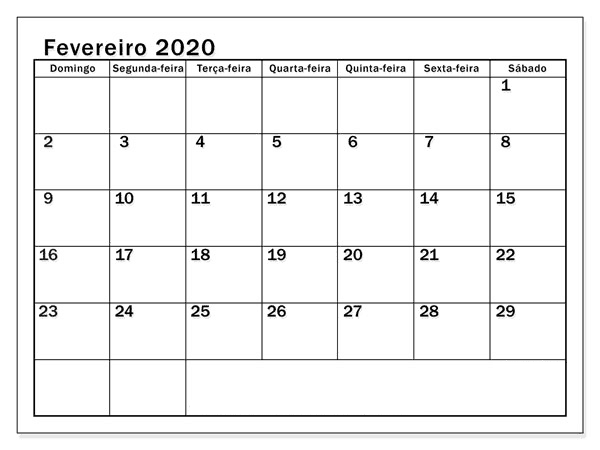 Calendário 2020 Fevereiro Notas