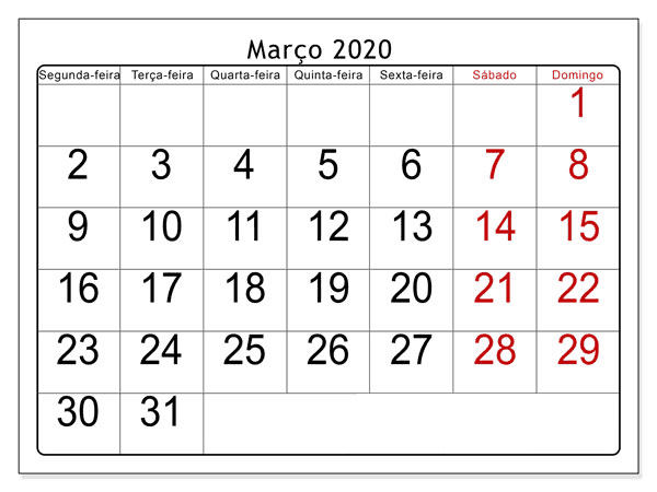 Calendário Março 2020 Imprimir Gratuito