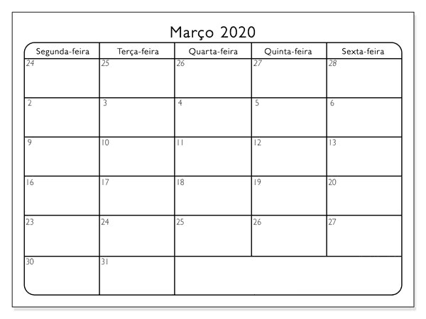 Calendário Março 2020 Imprimir Livre