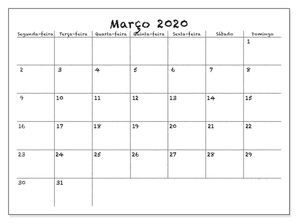 Calendário Março 2020 Imprimir Notas