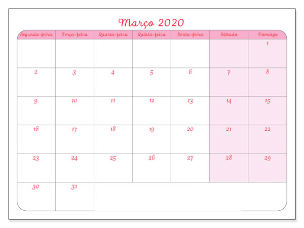 Calendário Março 2020 Imprimir Título