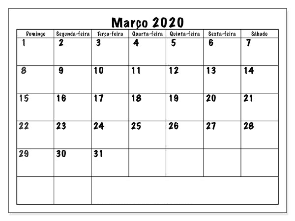 Calendário Março 2020 Livre