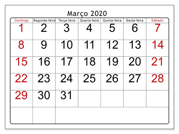 Calendário Março 2020 Modelo
