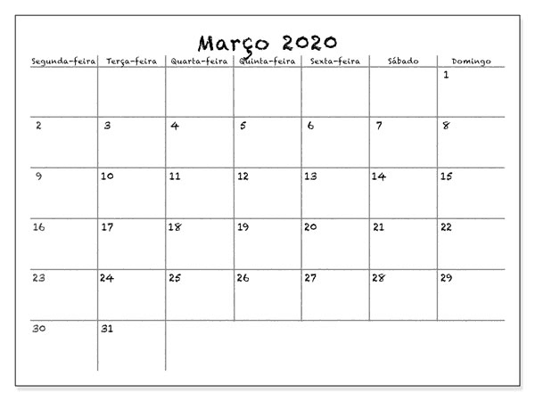 Calendário Março 2020 Para Imprimir Feriados