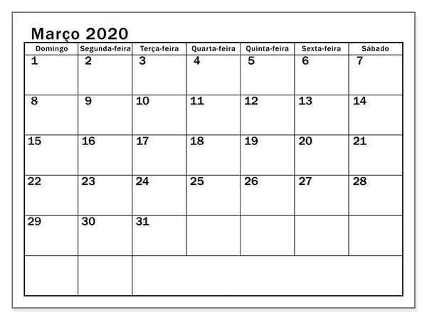 Calendário Março 2020 Para Imprimir Imagens