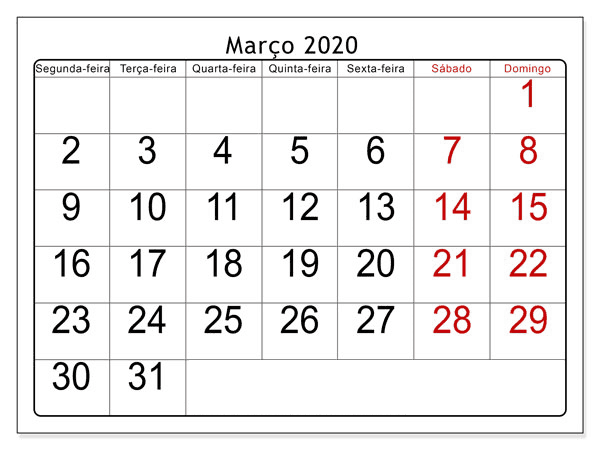 Calendário Março 2020 Para Imprimir Mesa