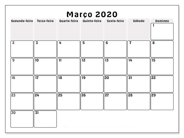 Calendário Março 2020 Para Imprimir Vertical