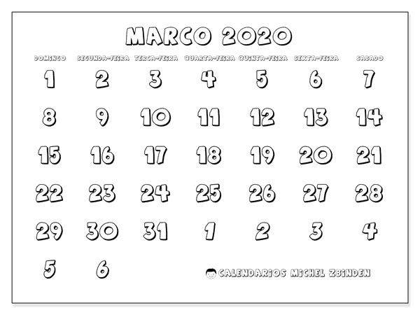 Calendário Março 2020 Vertical