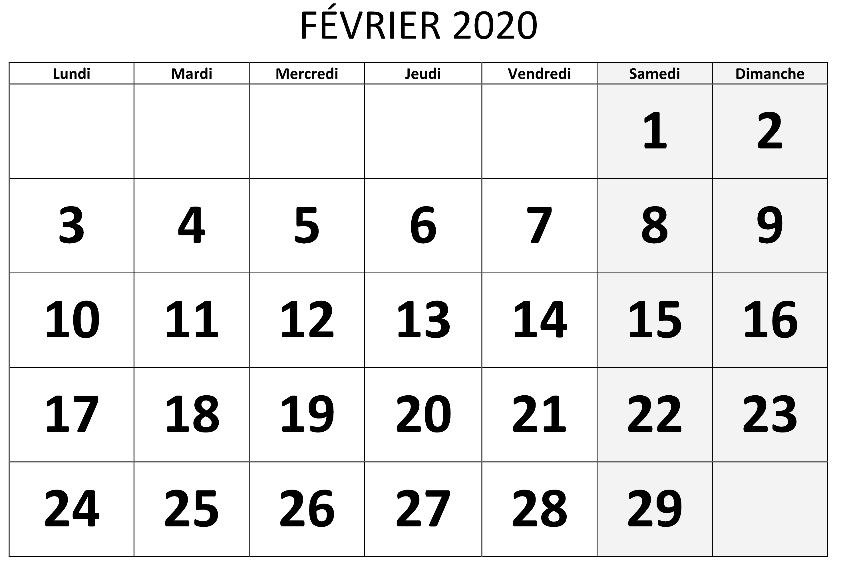 Fevrier Calendrier 2020 Modele