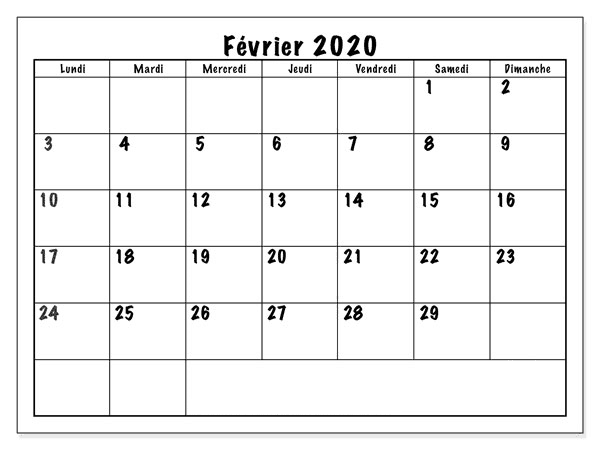 Février Calendrier 2020 Modes