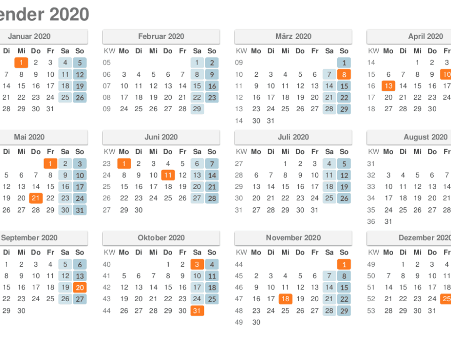 Kalender 2020 Kalenderwochen