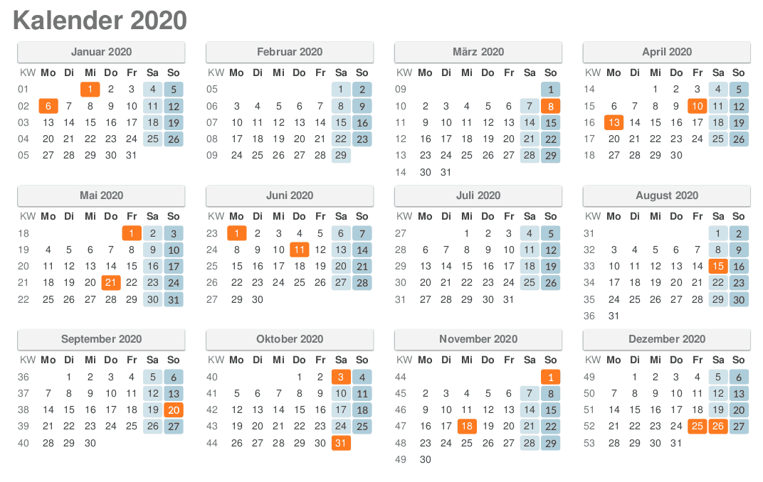 Kalender 2020 Kalenderwochen