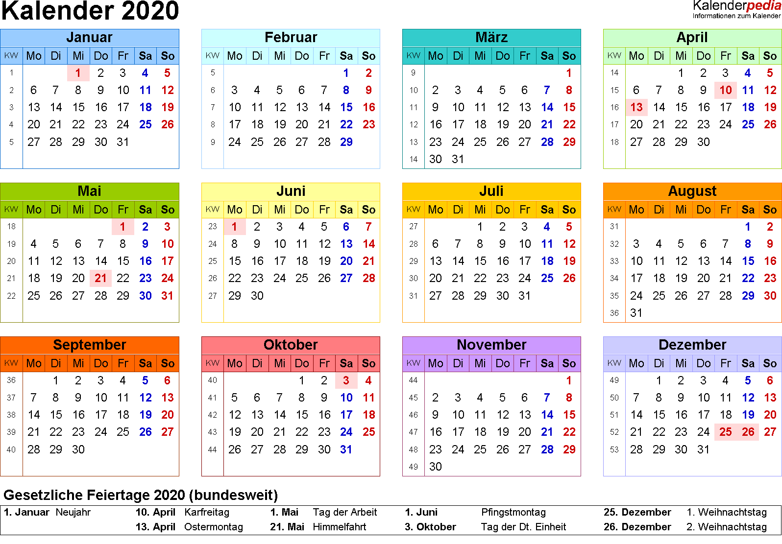 Kalender 2020 Zum Ausdrucken als PDF | Nosovia.com