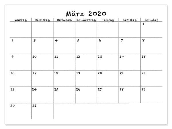 Kalender März 2020 Monats