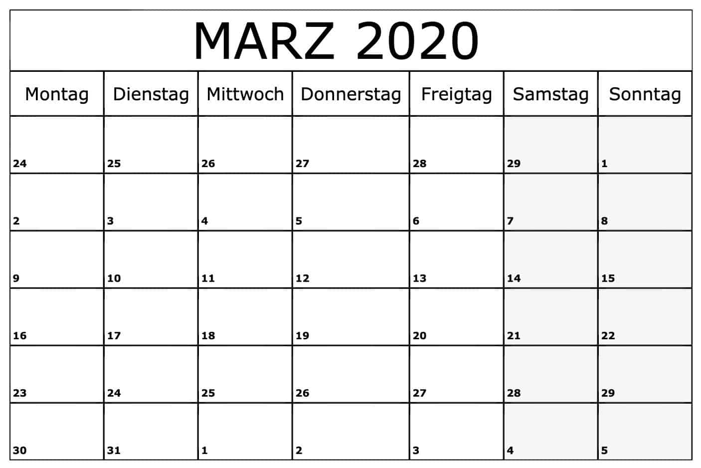 Kalender März 2020 Zum Ausdrucken Monats