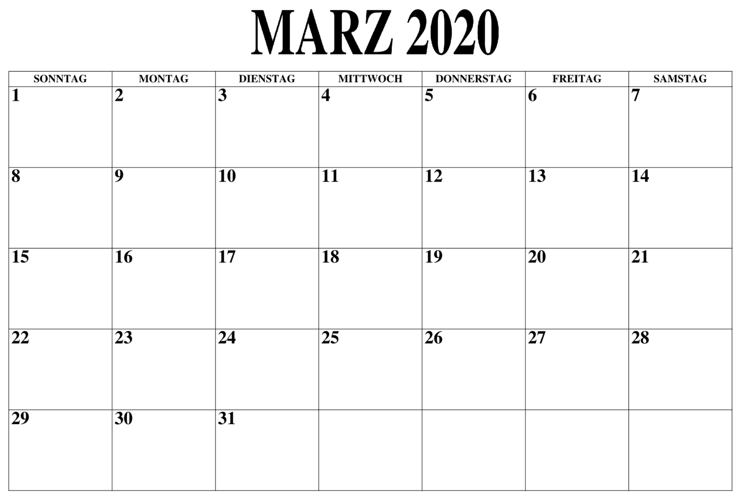 Kalender März 2020 Zum Ausdrucken Notizen