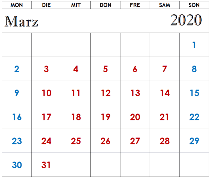 Kalender März 2020 Zum Ausdrucken Planer