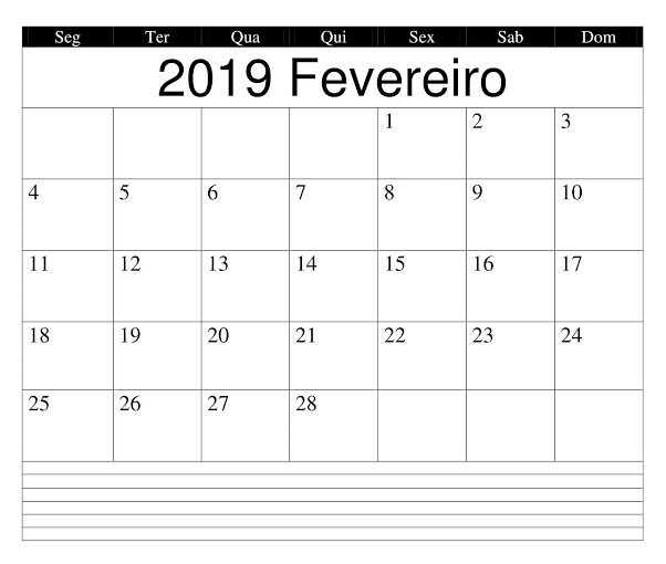 Modelo Calendário 2020 Fevereiro