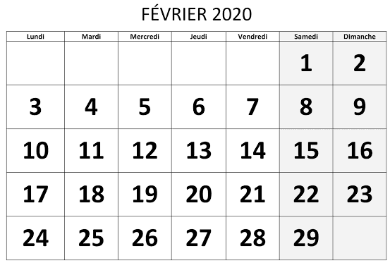 Table Calendrier Février 2020 À Imprimer Pdf, Excel, Word