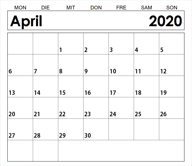 2020 April Kalender