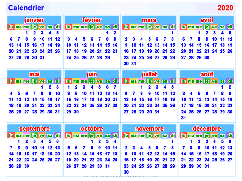 Calendar 2020 French