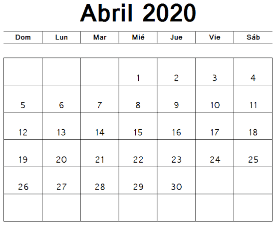 Calendario Abril 2020 Mensual