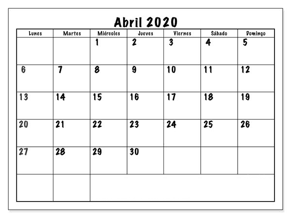 Calendario Abril 2020 Para Imprimir Grande