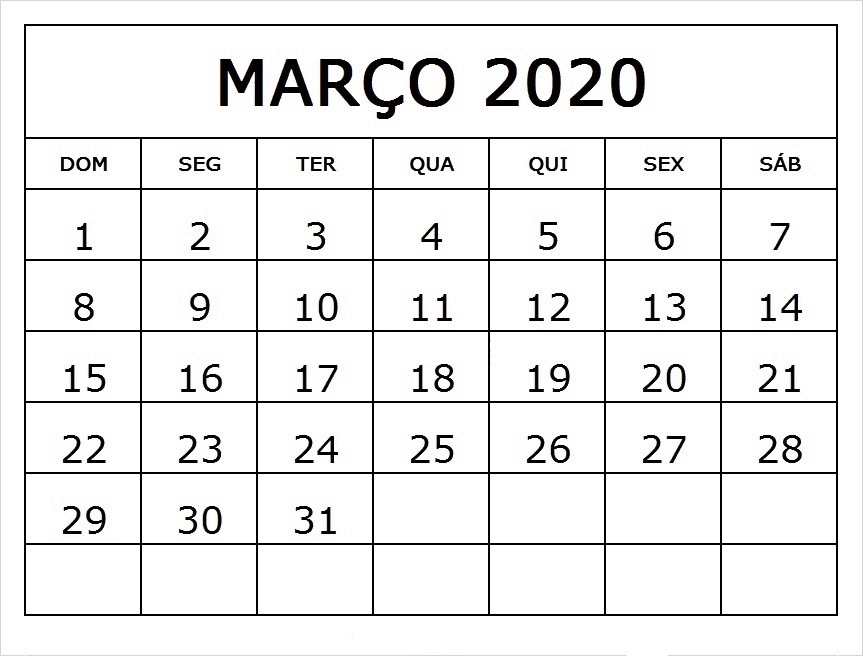 Calendario Março 2020 Para Imprimir