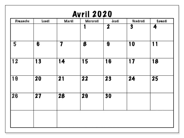 Calendrier Avril 2020 Avec