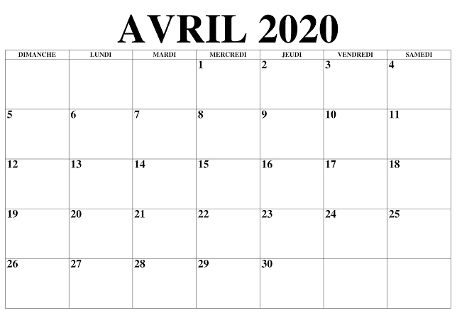 Calendrier Avril 2020 Vacances