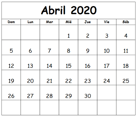 Calendário Abril 2020 Imprimir Gratuito