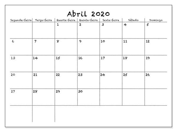 Calendário Abril 2020 Imprimir Imagens