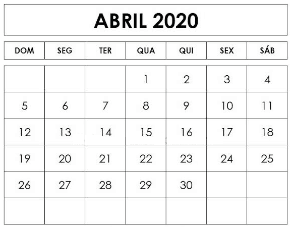 Calendário Abril 2020 Imprimir