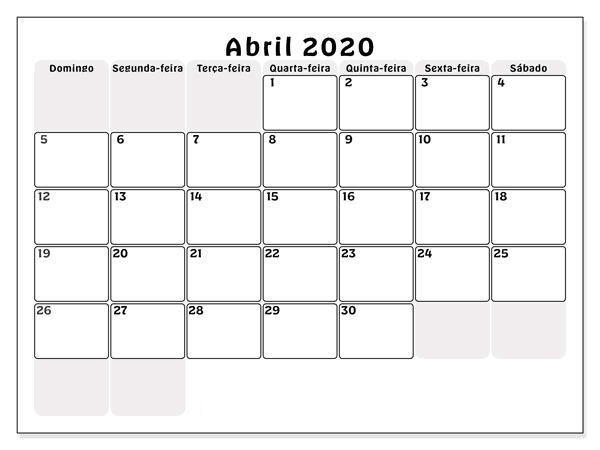 Calendário Gratuito Abril 2020 Mesa